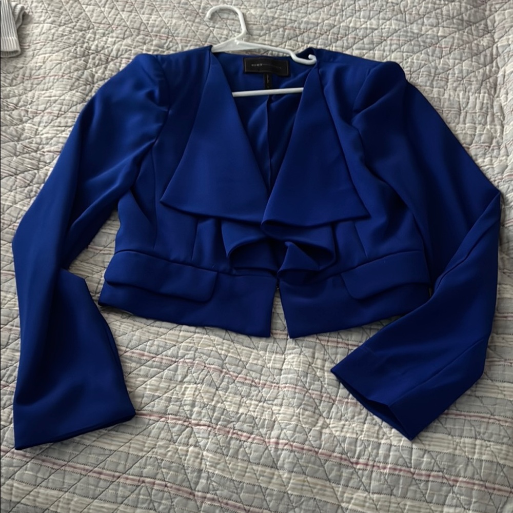 BCBGMaxAzria Blue Blazer with Ruffled Collar and Cropped Design